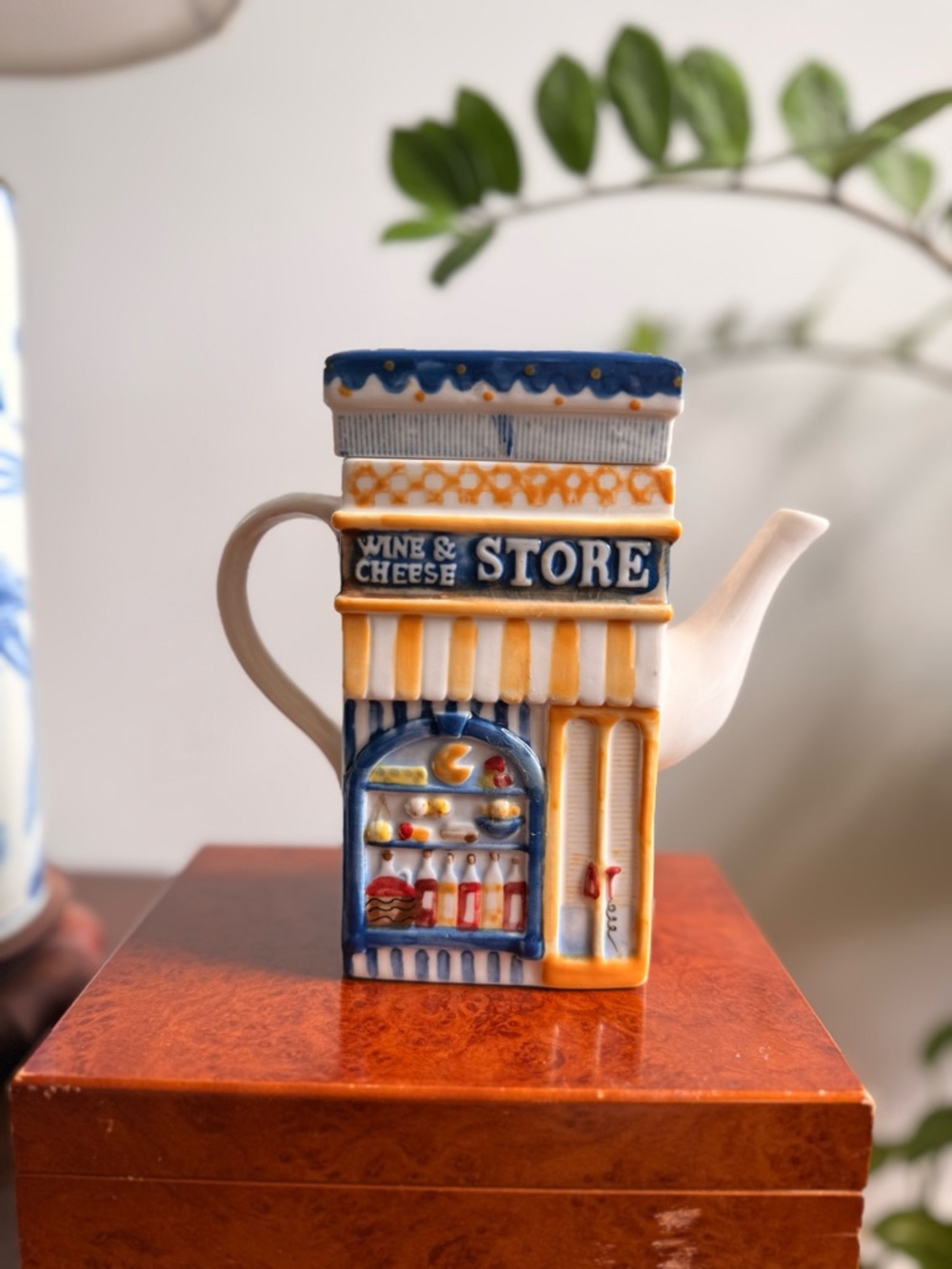 Wine & Cheese Store Teapot - Yellow and Blue